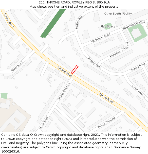 211, THRONE ROAD, ROWLEY REGIS, B65 9LA: Location map and indicative extent of plot