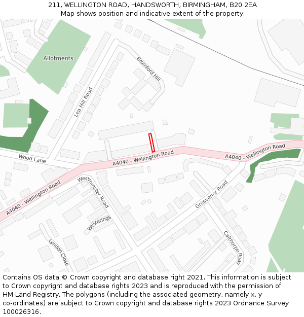 211, WELLINGTON ROAD, HANDSWORTH, BIRMINGHAM, B20 2EA: Location map and indicative extent of plot