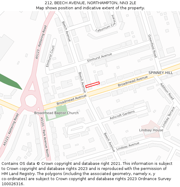 212, BEECH AVENUE, NORTHAMPTON, NN3 2LE: Location map and indicative extent of plot