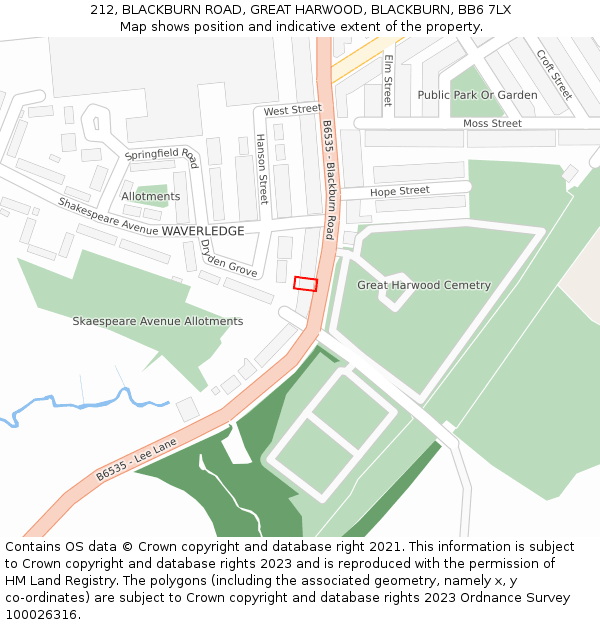 212, BLACKBURN ROAD, GREAT HARWOOD, BLACKBURN, BB6 7LX: Location map and indicative extent of plot