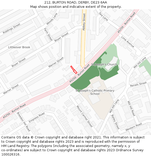 212, BURTON ROAD, DERBY, DE23 6AA: Location map and indicative extent of plot