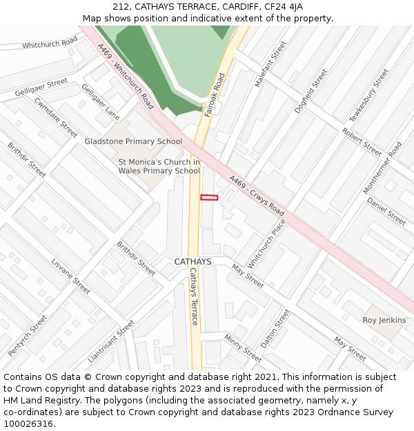 212, CATHAYS TERRACE, CARDIFF, CF24 4JA: Location map and indicative extent of plot