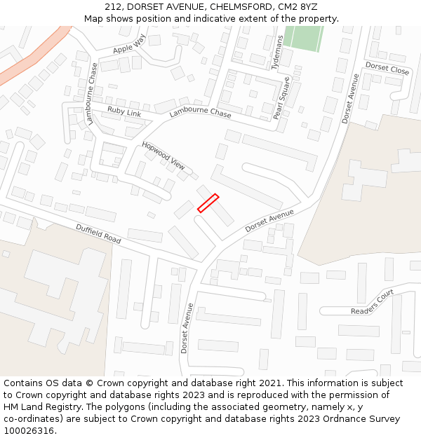 212, DORSET AVENUE, CHELMSFORD, CM2 8YZ: Location map and indicative extent of plot