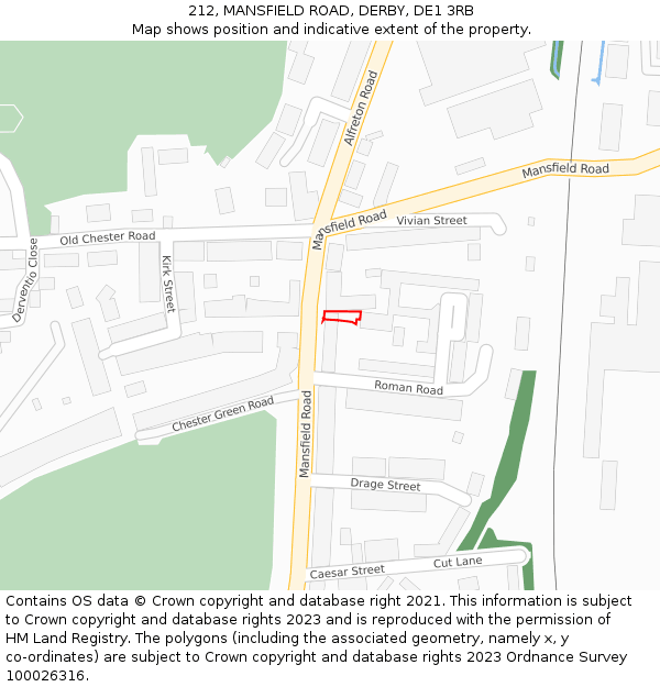 212, MANSFIELD ROAD, DERBY, DE1 3RB: Location map and indicative extent of plot