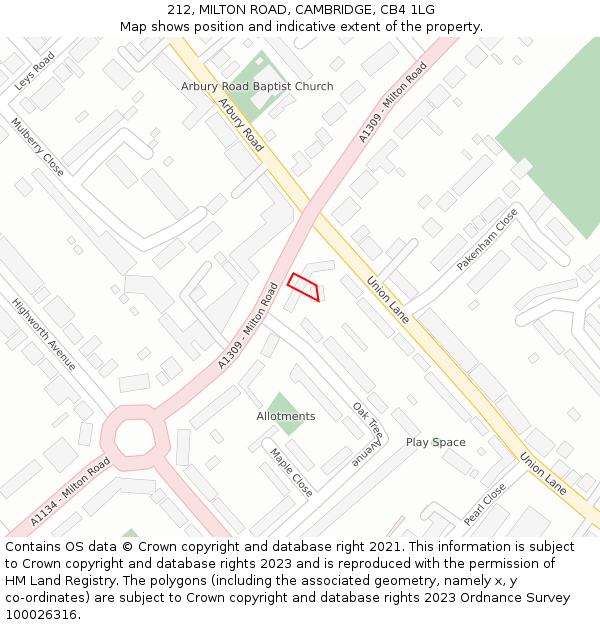 212, MILTON ROAD, CAMBRIDGE, CB4 1LG: Location map and indicative extent of plot
