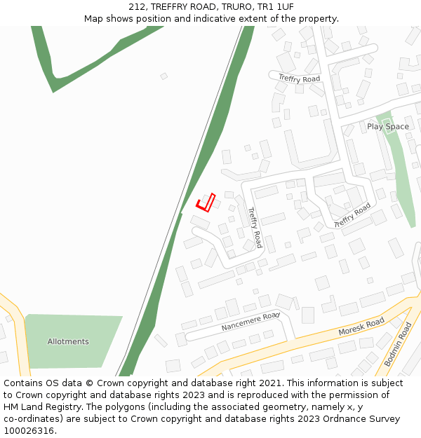 212, TREFFRY ROAD, TRURO, TR1 1UF: Location map and indicative extent of plot