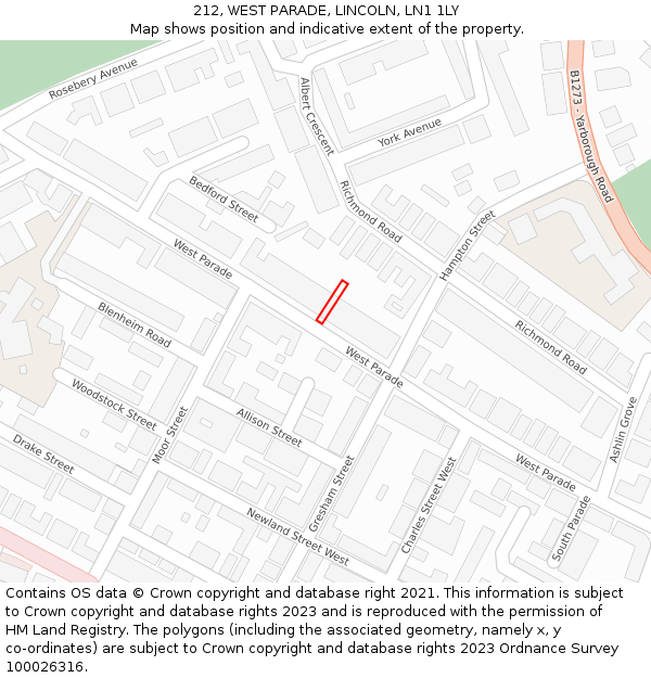 212, WEST PARADE, LINCOLN, LN1 1LY: Location map and indicative extent of plot