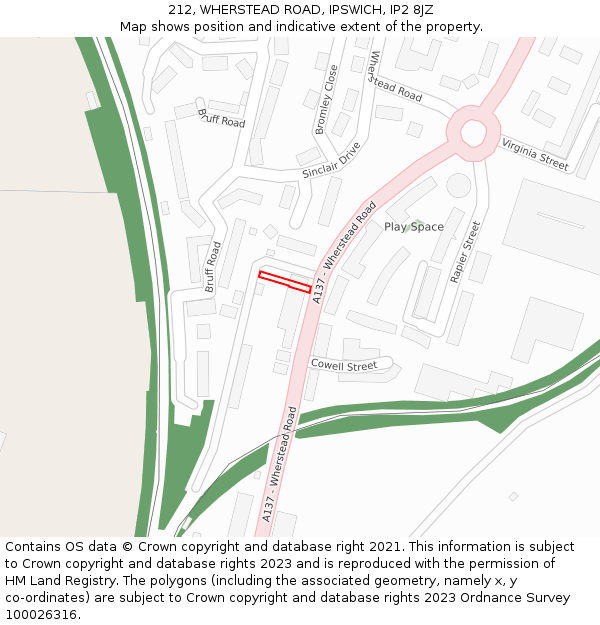 212, WHERSTEAD ROAD, IPSWICH, IP2 8JZ: Location map and indicative extent of plot