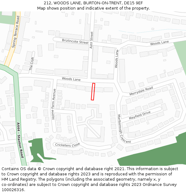 212, WOODS LANE, BURTON-ON-TRENT, DE15 9EF: Location map and indicative extent of plot
