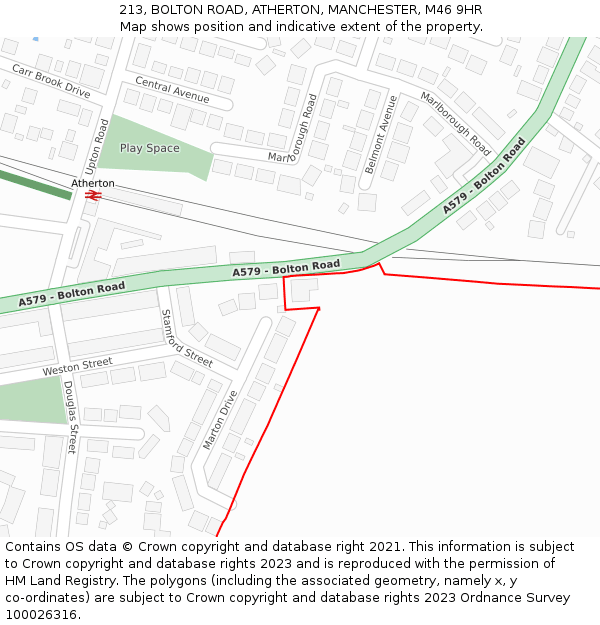 213, BOLTON ROAD, ATHERTON, MANCHESTER, M46 9HR: Location map and indicative extent of plot