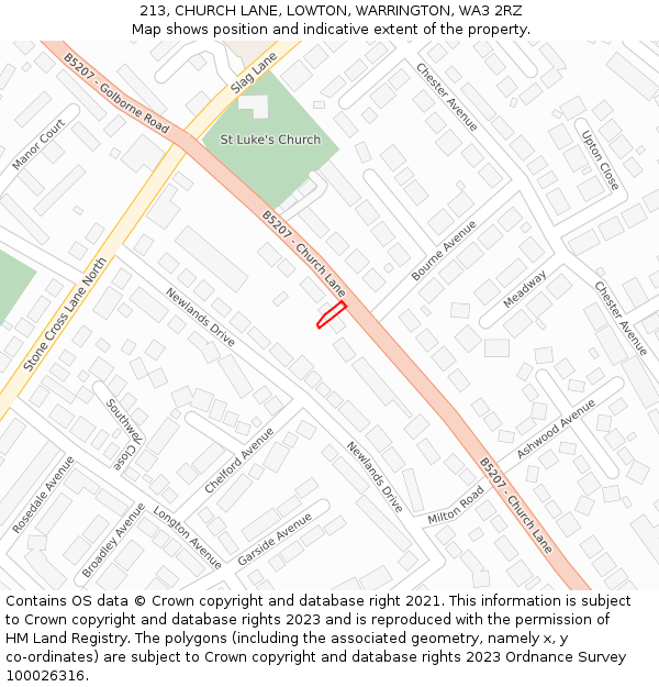 213, CHURCH LANE, LOWTON, WARRINGTON, WA3 2RZ: Location map and indicative extent of plot