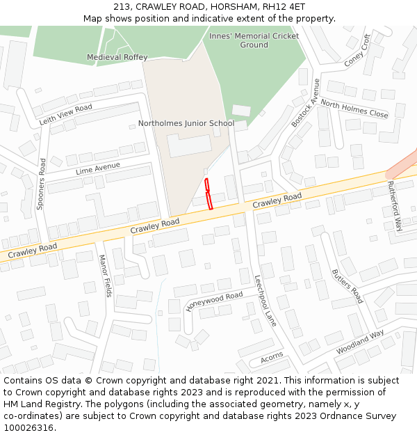 213, CRAWLEY ROAD, HORSHAM, RH12 4ET: Location map and indicative extent of plot