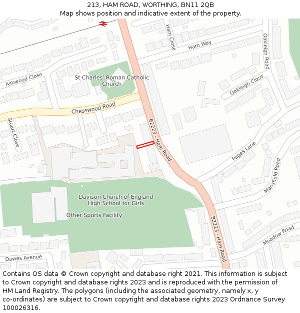 213, HAM ROAD, WORTHING, BN11 2QB: Location map and indicative extent of plot