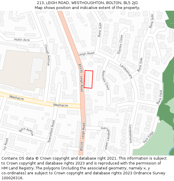 213, LEIGH ROAD, WESTHOUGHTON, BOLTON, BL5 2JG: Location map and indicative extent of plot