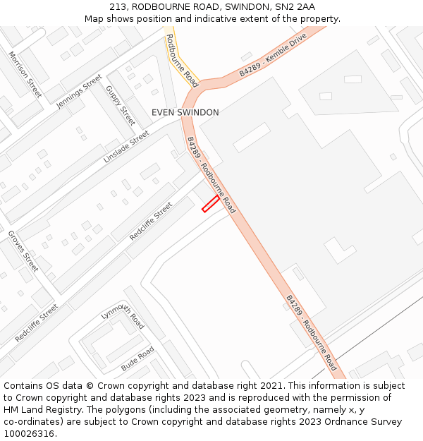 213, RODBOURNE ROAD, SWINDON, SN2 2AA: Location map and indicative extent of plot