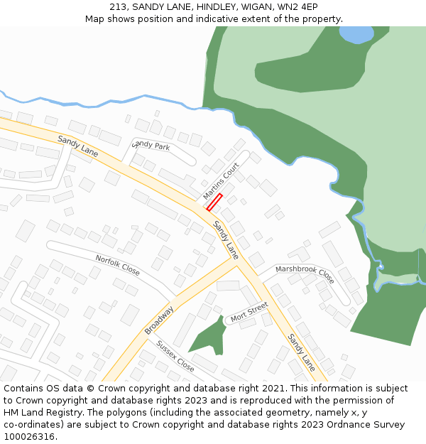 213, SANDY LANE, HINDLEY, WIGAN, WN2 4EP: Location map and indicative extent of plot