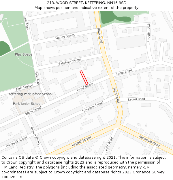 213, WOOD STREET, KETTERING, NN16 9SD: Location map and indicative extent of plot