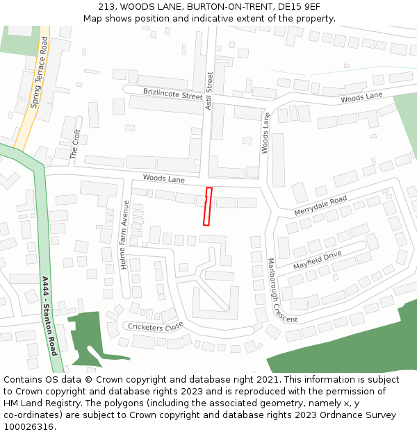 213, WOODS LANE, BURTON-ON-TRENT, DE15 9EF: Location map and indicative extent of plot