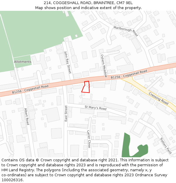214, COGGESHALL ROAD, BRAINTREE, CM7 9EL: Location map and indicative extent of plot