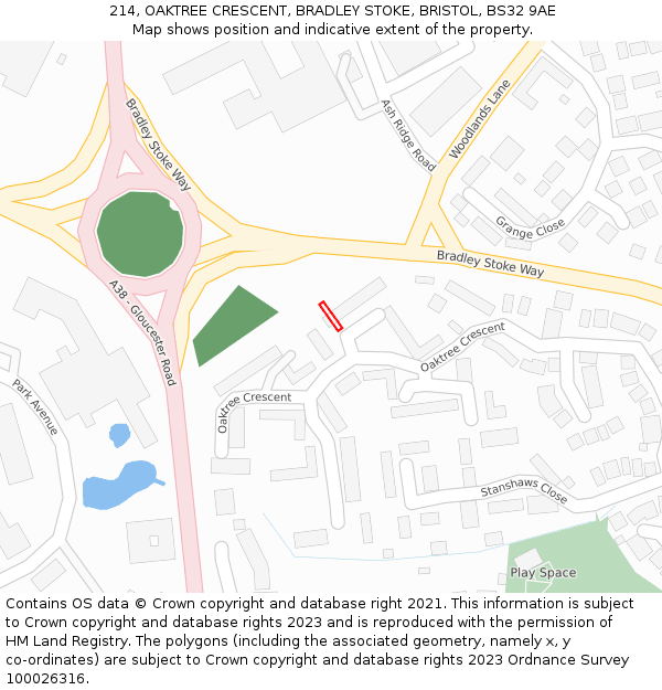 214, OAKTREE CRESCENT, BRADLEY STOKE, BRISTOL, BS32 9AE: Location map and indicative extent of plot
