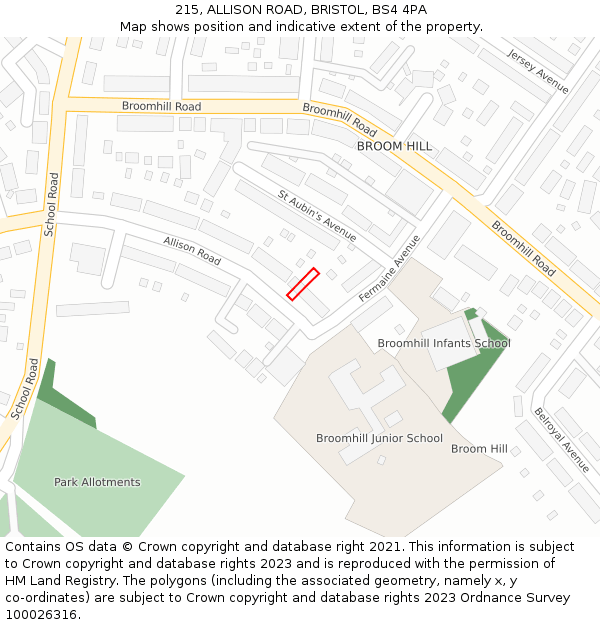 215, ALLISON ROAD, BRISTOL, BS4 4PA: Location map and indicative extent of plot