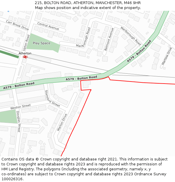 215, BOLTON ROAD, ATHERTON, MANCHESTER, M46 9HR: Location map and indicative extent of plot