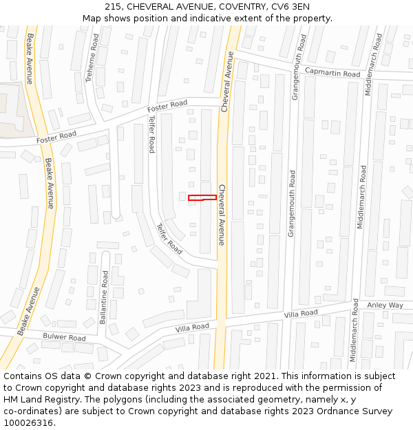 215, CHEVERAL AVENUE, COVENTRY, CV6 3EN: Location map and indicative extent of plot