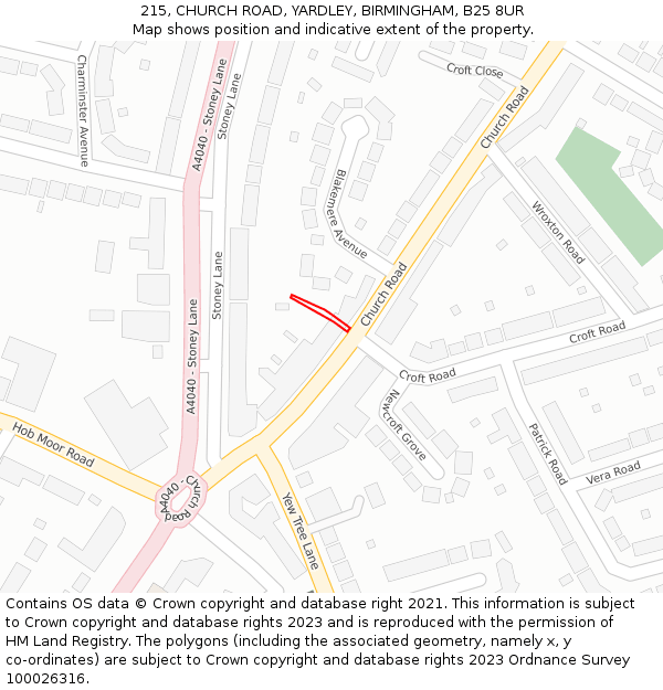 215, CHURCH ROAD, YARDLEY, BIRMINGHAM, B25 8UR: Location map and indicative extent of plot