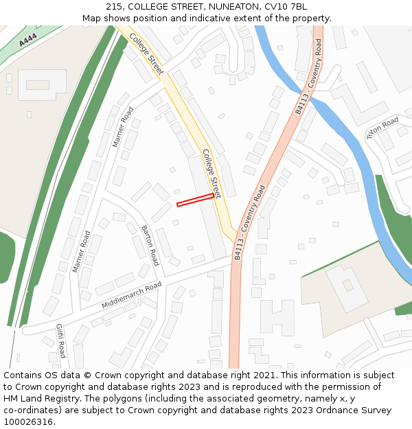 215, COLLEGE STREET, NUNEATON, CV10 7BL: Location map and indicative extent of plot