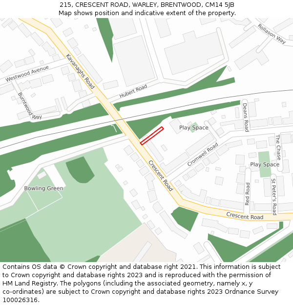 215, CRESCENT ROAD, WARLEY, BRENTWOOD, CM14 5JB: Location map and indicative extent of plot