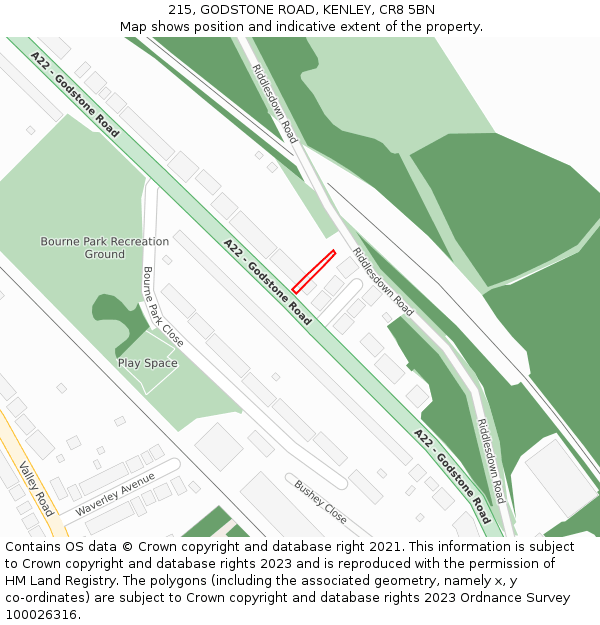 215, GODSTONE ROAD, KENLEY, CR8 5BN: Location map and indicative extent of plot