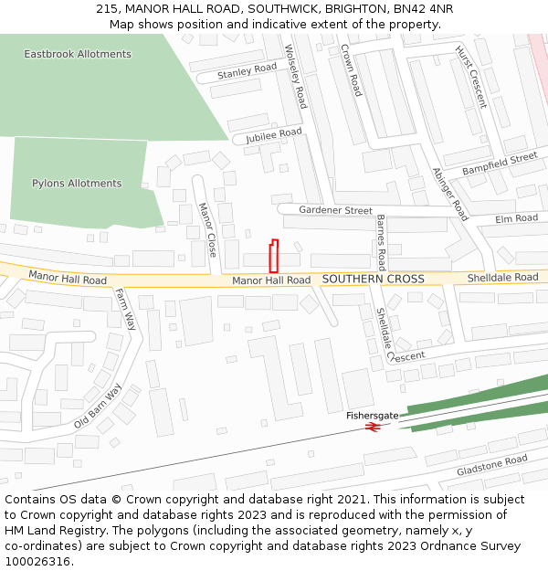 215, MANOR HALL ROAD, SOUTHWICK, BRIGHTON, BN42 4NR: Location map and indicative extent of plot