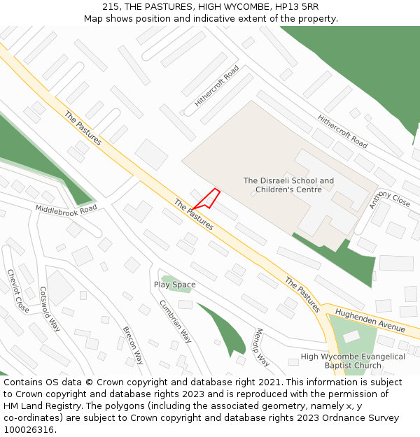 215, THE PASTURES, HIGH WYCOMBE, HP13 5RR: Location map and indicative extent of plot