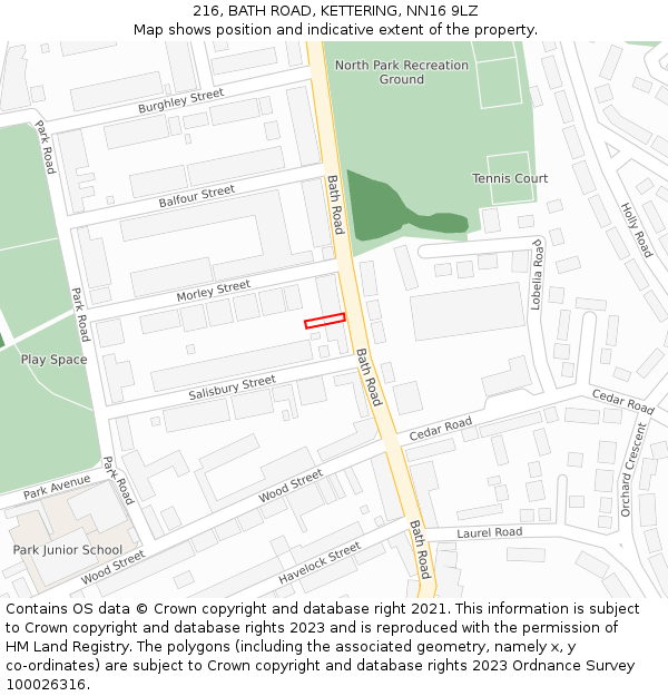 216, BATH ROAD, KETTERING, NN16 9LZ: Location map and indicative extent of plot