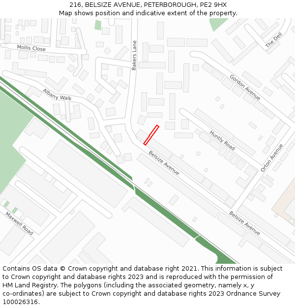 216, BELSIZE AVENUE, PETERBOROUGH, PE2 9HX: Location map and indicative extent of plot