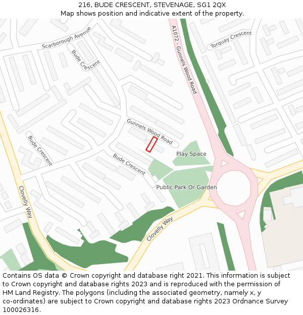 216, BUDE CRESCENT, STEVENAGE, SG1 2QX: Location map and indicative extent of plot