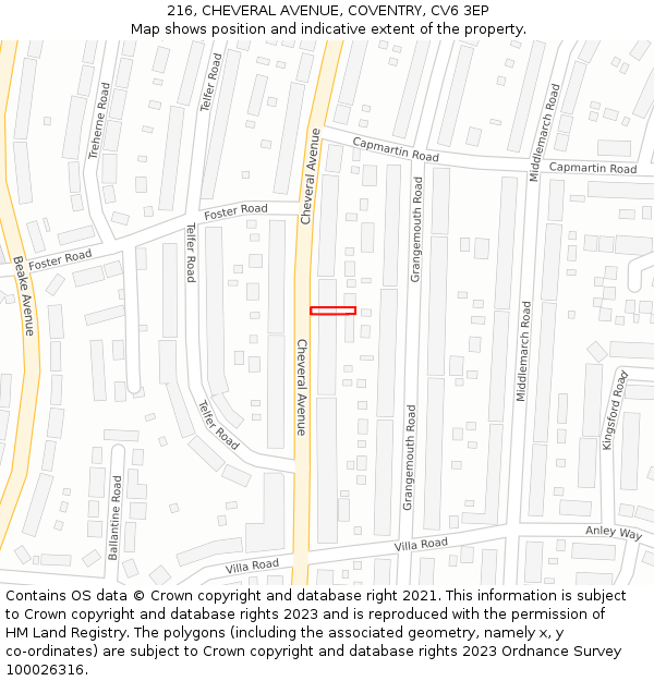 216, CHEVERAL AVENUE, COVENTRY, CV6 3EP: Location map and indicative extent of plot