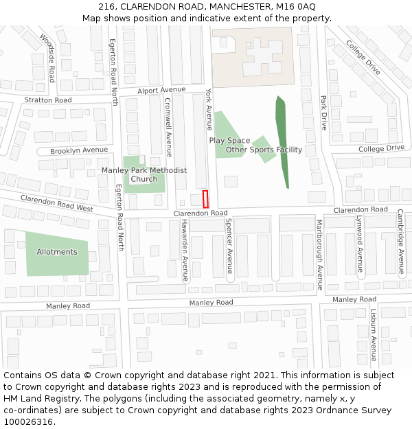 216, CLARENDON ROAD, MANCHESTER, M16 0AQ: Location map and indicative extent of plot