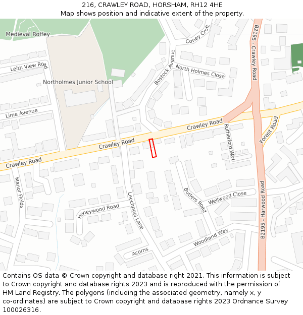 216, CRAWLEY ROAD, HORSHAM, RH12 4HE: Location map and indicative extent of plot