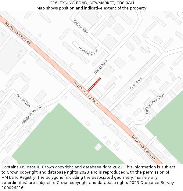 216, EXNING ROAD, NEWMARKET, CB8 0AH: Location map and indicative extent of plot