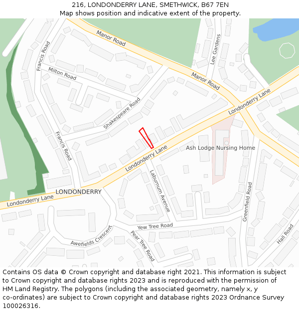 216, LONDONDERRY LANE, SMETHWICK, B67 7EN: Location map and indicative extent of plot