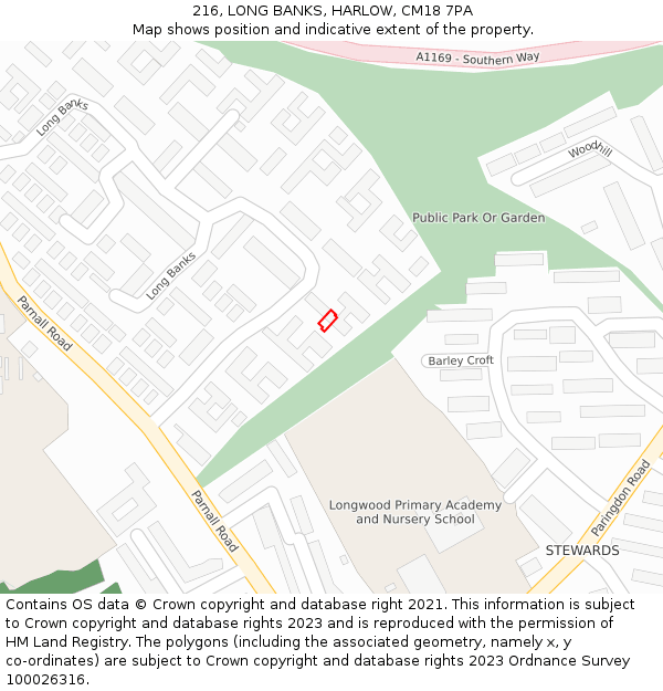 216, LONG BANKS, HARLOW, CM18 7PA: Location map and indicative extent of plot