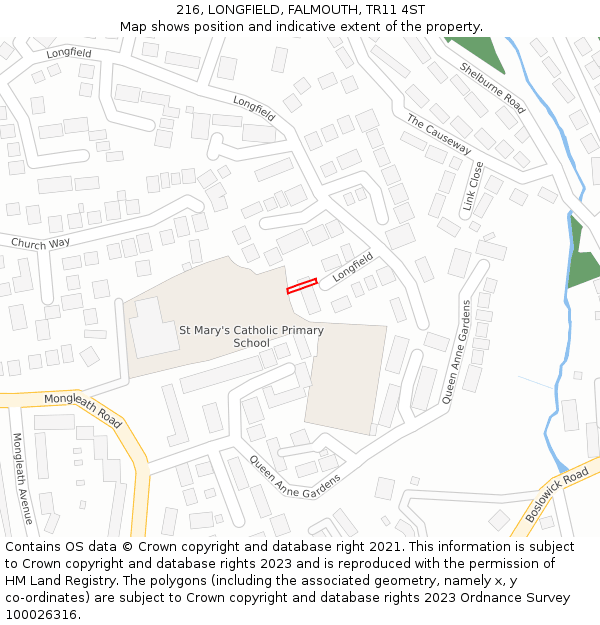 216, LONGFIELD, FALMOUTH, TR11 4ST: Location map and indicative extent of plot