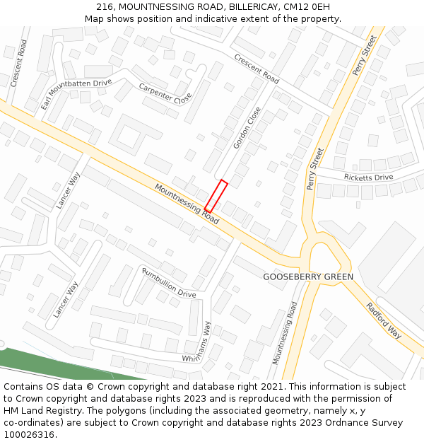 216, MOUNTNESSING ROAD, BILLERICAY, CM12 0EH: Location map and indicative extent of plot