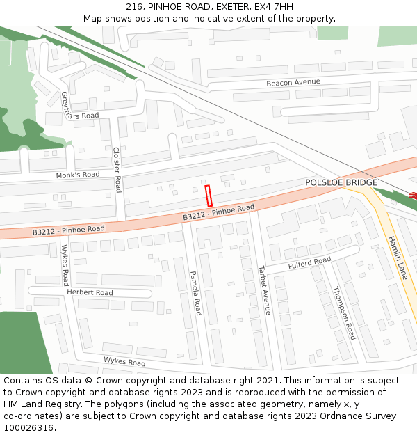 216, PINHOE ROAD, EXETER, EX4 7HH: Location map and indicative extent of plot
