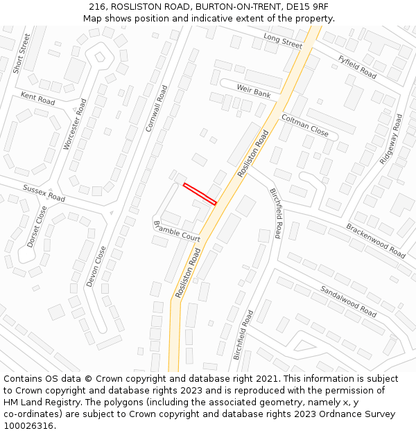 216, ROSLISTON ROAD, BURTON-ON-TRENT, DE15 9RF: Location map and indicative extent of plot