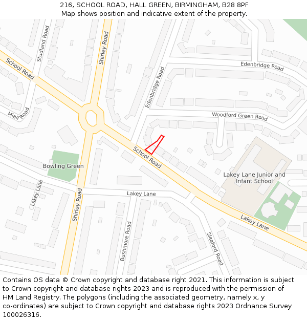 216, SCHOOL ROAD, HALL GREEN, BIRMINGHAM, B28 8PF: Location map and indicative extent of plot