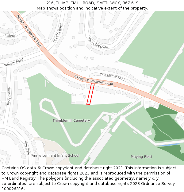 216, THIMBLEMILL ROAD, SMETHWICK, B67 6LS: Location map and indicative extent of plot
