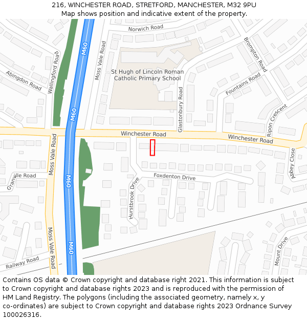 216, WINCHESTER ROAD, STRETFORD, MANCHESTER, M32 9PU: Location map and indicative extent of plot