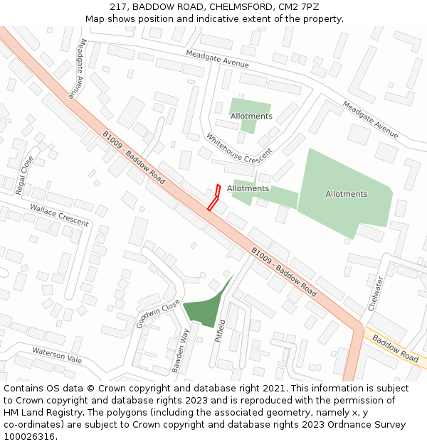 217, BADDOW ROAD, CHELMSFORD, CM2 7PZ: Location map and indicative extent of plot